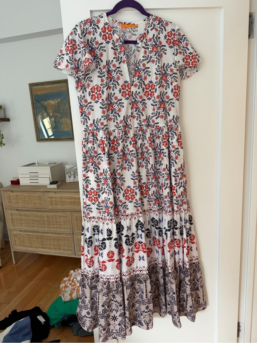 Oliphant White Maxi Dress with Red & Navy Floral Print
